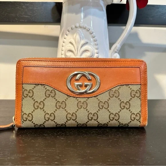 Gucci GG Canvas Zip Around Wallet Brown & Orange Leather Authentic - Picture 3 of 12